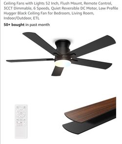 Ceiling Fans with Lights 52 Inch, Flush Mount, Remote Control, 3CCT Dimmable, 6 Speeds, Quiet Reversible DC Motor, Low Profile Hugger Black Ceiling Fa