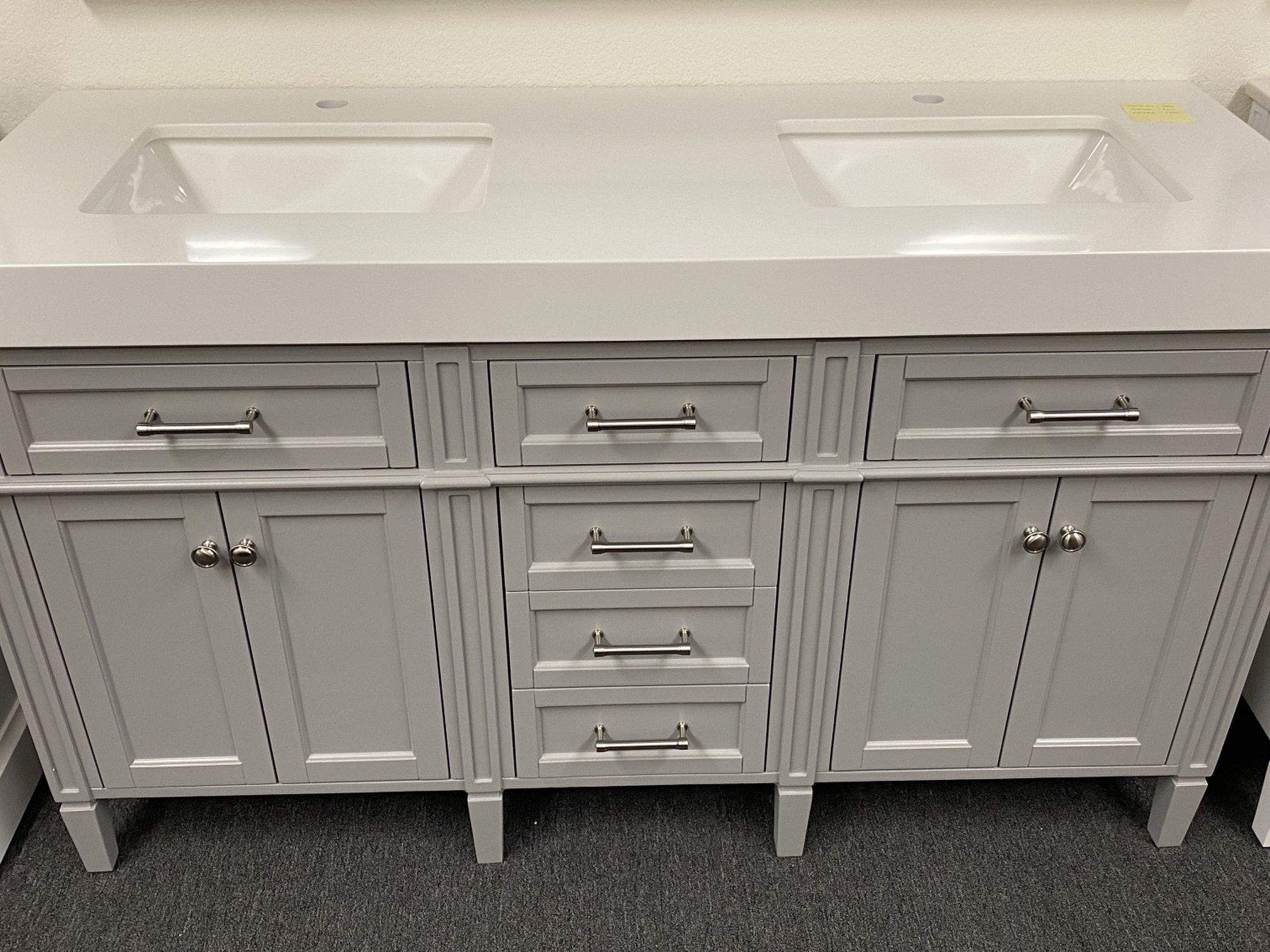 60” Grey Double Sink Bathroom Vanity With Solid White Top