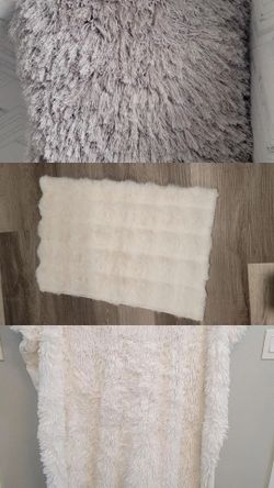 Cozy 3-Piece Home Decor Bundle – White Faux Fur Throw, Grey Pillow & Rug