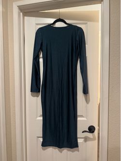 Dark Teal Long Sleeve Deep V-Neck Midi Dress