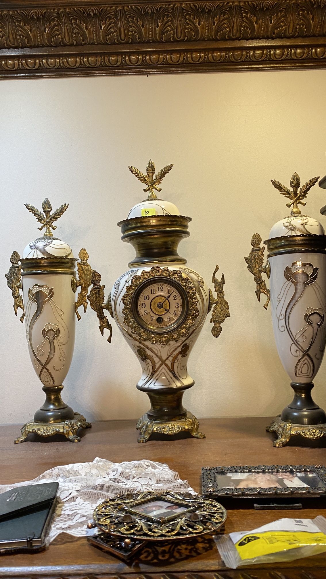 CLOCK ANTIQUE > ORIGINAL BELGIUM CERAMIC COMPLETE SET (obo -offer- decorative - Clock Glass Missing - But Is Old & Real And Looks Great