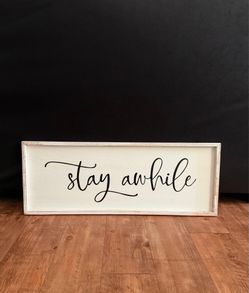 Rustic Wooden "Stay Awhile" Framed Sign – Farmhouse Decor