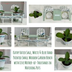 Kathy Hatch Sage/White/Blue Hand Painted Small Wooden Garden Bench w Live Mother-of-Thousands Pots