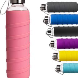 Ferexer Sports Glass Water Bottle with Silicone Sleeve 16 Oz PINK
