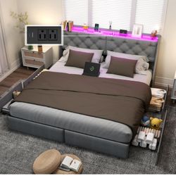 Brand New In Box Modern King Size Platform Bed With LED Lights Charger Station And Drawers!!!