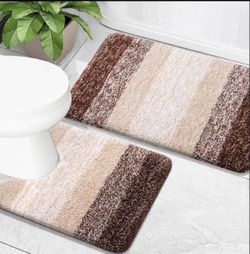 2-Piece Bath Rug Set Brown Striped