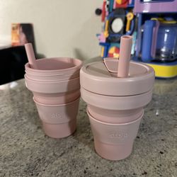 Stojo Collapsible Silicone Travel Cups – Set of 2 (Pink) – Includes 1 Lid + 2 Sleeves + 2 Straws