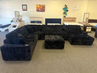 Large Black Corduroy U-Shaped Sectional Sofa with Ottoman