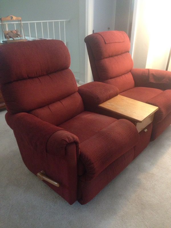 Two LazyBoy rocking recliners with connecting table