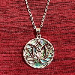 Lotus Flower Abalone Pendant Necklace Charm Pink Zirconia Titanium Steel Chain