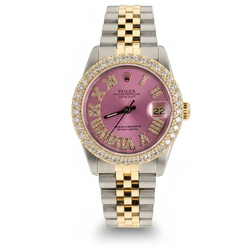 1989 Ladies Rolex Midsize 31mm DateJust Two Tone 18K Yellow Gold / Stainless Steel Watch with Pink Roman Numeral Diamond Dial and Diamond Bezel. (Pre-