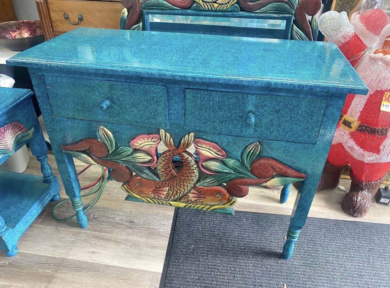 Custom Wood Console With Mirror & Side Table