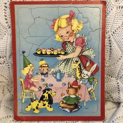 Vintage tray puzzle picture, girl playtime tea party w/ toy animals 12x15.