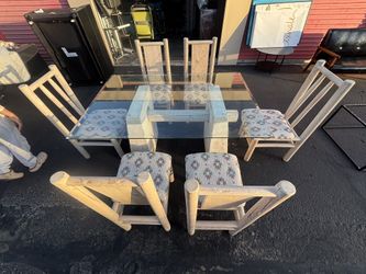 Glass Dining Table W/ 6 Vintage wood Chairs 