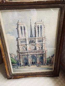 Antique-Louise Germain Baligot (1874-1939)Notre Dame Cathedral Paris-watercolor