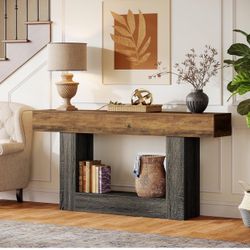 63-Inch Long Console Table, 2-Tier Entryway Table Sofa Table with Storage, Farmhouse Wood Behind Couch Tables for Living Room, Hallway, Rustic Brown &