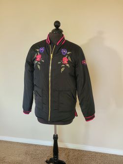 Girls Black and Pink Bomber Jacket with Floral Embroidery