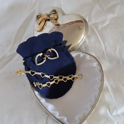 GOLD BRACELET & EARRINGS w/ SILVER HEART BOX - $15