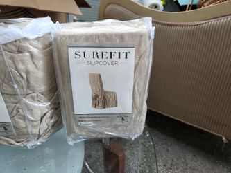 Two Surefit Chair Slipcovers. Beige Damask