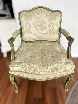 Vintage French Provincial Louis XV Armchair Sage Green Floral Damask Accent Chair