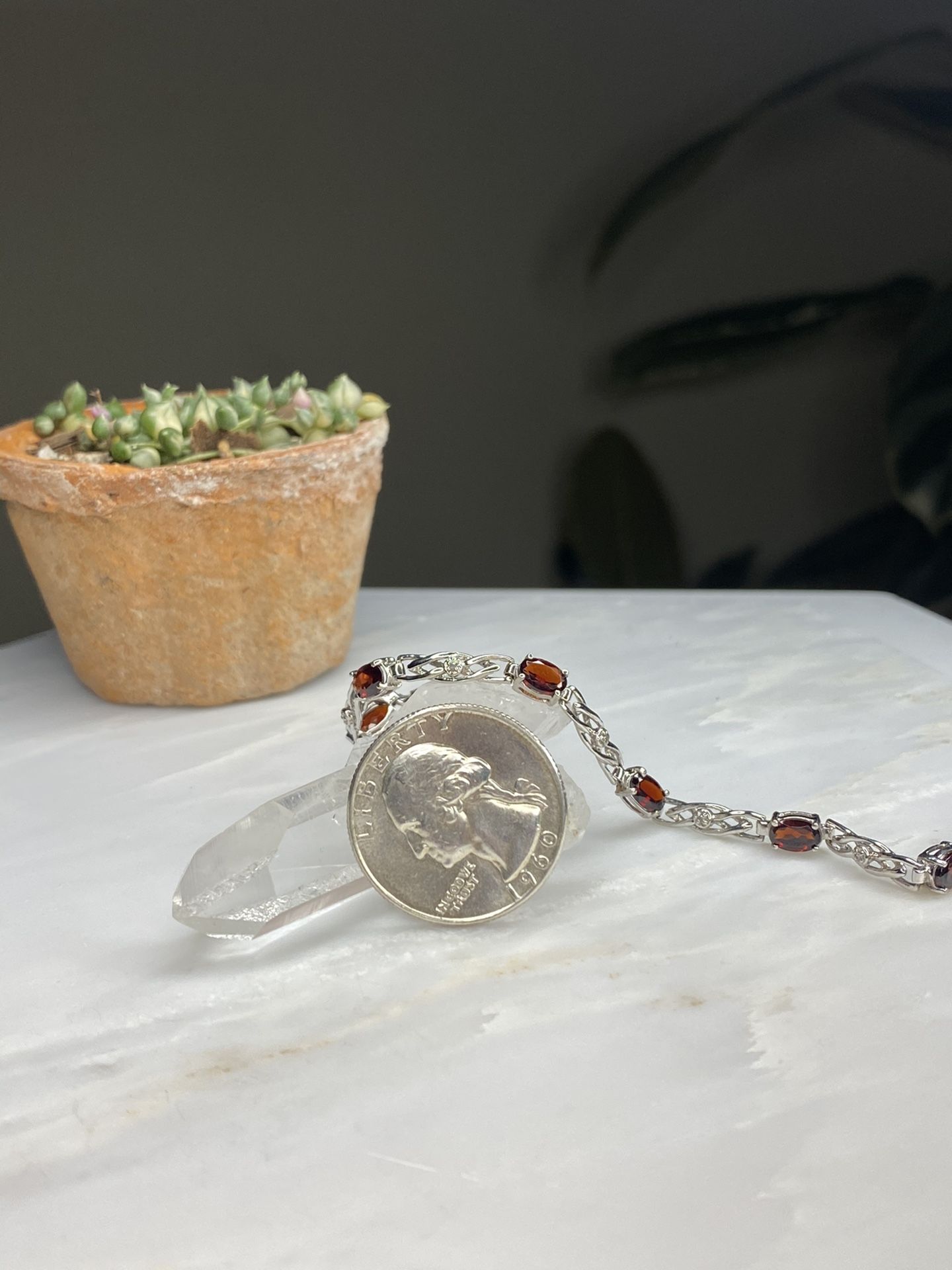Real 10kt White Gold Garnet & Diamond Bracelet