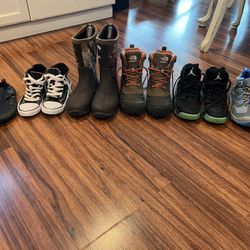 Boys lot- Nike Air Jordan’s, Camo Rain Boots, Merrell hiking boots, North Face waterproof hiking boots, Under armor pants