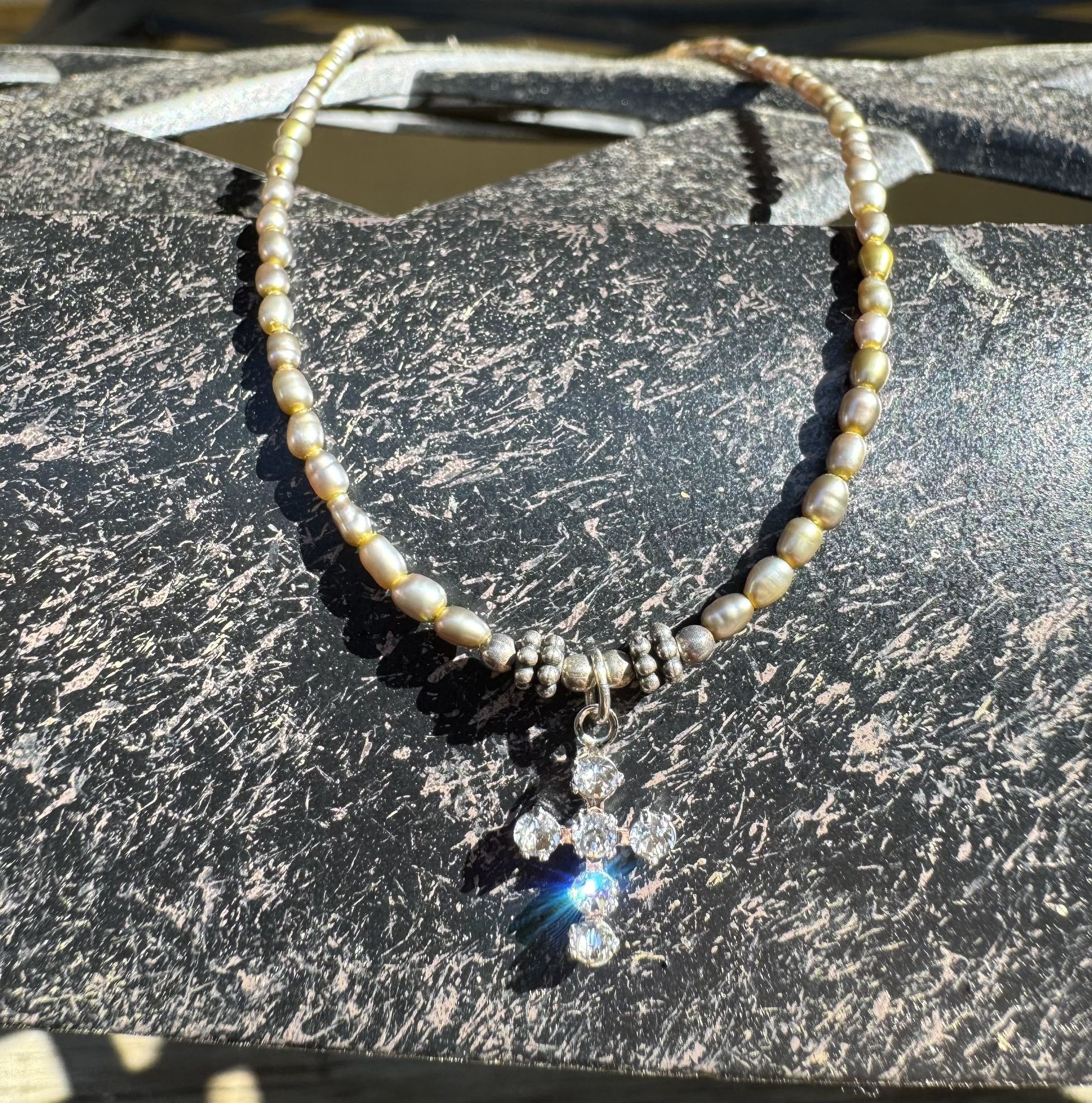 Sterling Silver 925 Cross Necklace with Tiny Dyed Rice Pearls – 18” Double-Strand Look