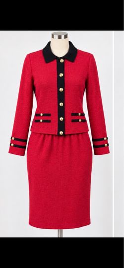 Red Tweed Skirt Suit with Gold Buttons