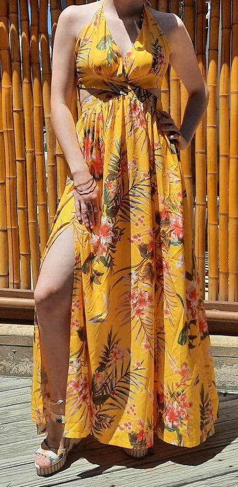 Summer Yellow Floral Maxi Sun Dress Open Back Long