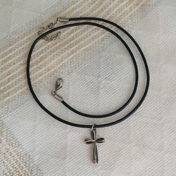Sterling Silver Small Vintage Cross On Black Cord