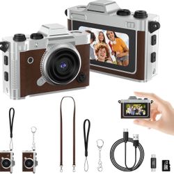 Tiny Digital Camera, Vintage Mini Keychain Camera for Teens & Beginners, Premium Leather Portable Small Camcorder with 16GB Card, 2K HD Video Recorder