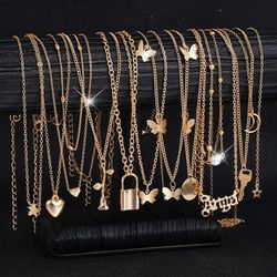 12-Pcs Heart, Flower, Star, Lock Design 14K Gold Plated Pendant Necklace Set