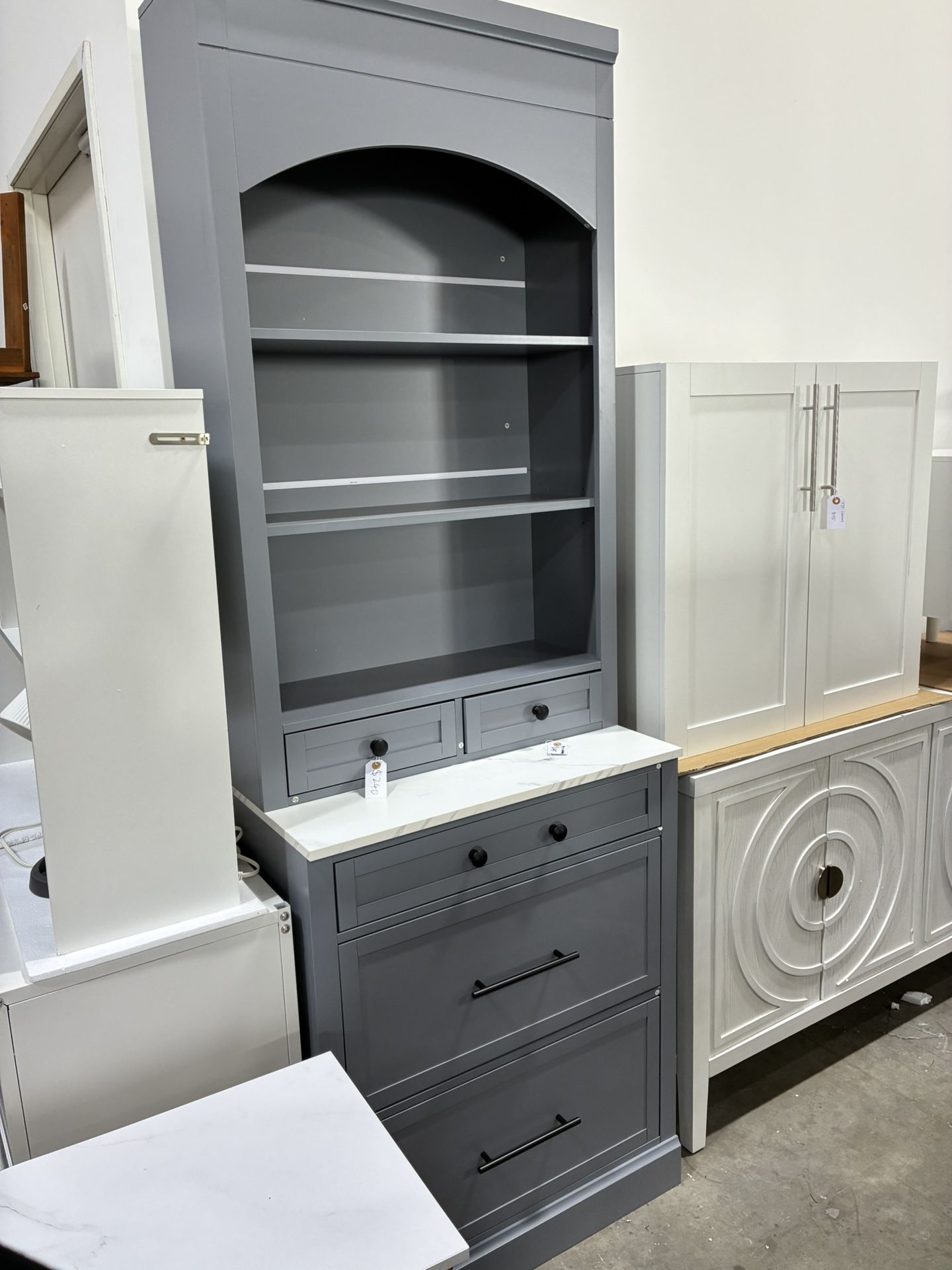 Newly assembled 83.7" High Kitchen Pantry Modern Freestanding Cabinet Hutch with Faux Marble