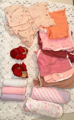 New born shoes, swaddle blankets, towels, and dress