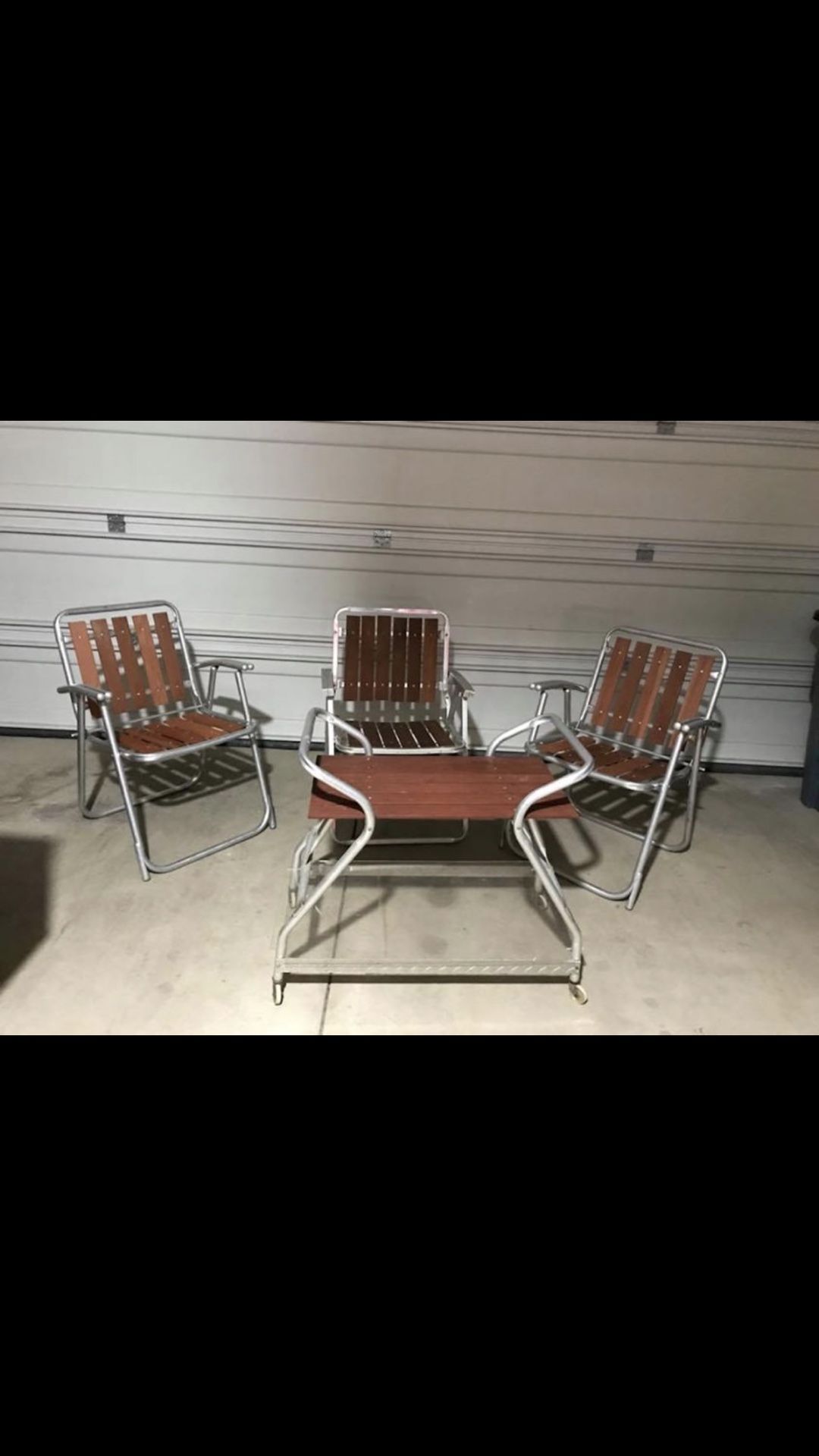 Vintage Pair Aluminum Folding Lawn Chairs table Redwood Wood Slats Mid Century Patio