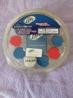 Miller Lite Popcorn Tin with Poker Set $10