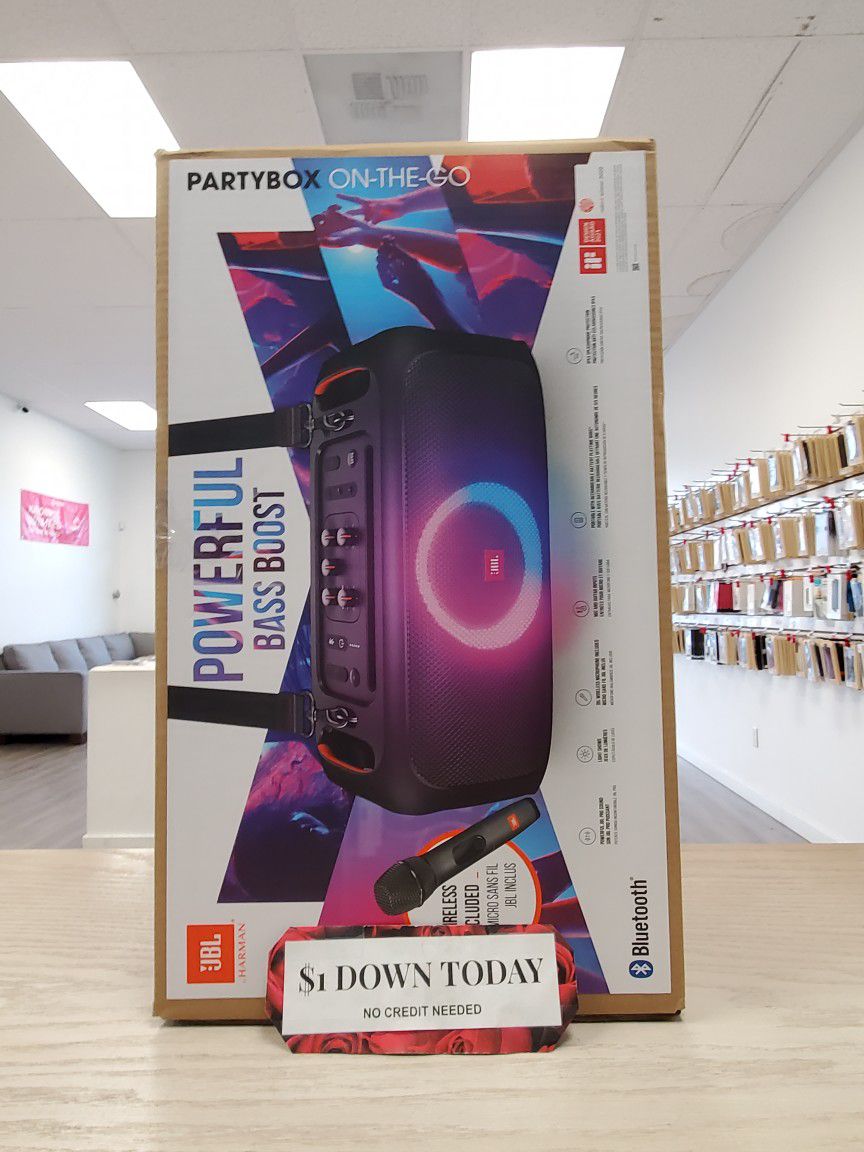JBL Partybox On The Go With Microphone, Brand New - $1 DOWN TODAY, NO CREDIT NEEDED