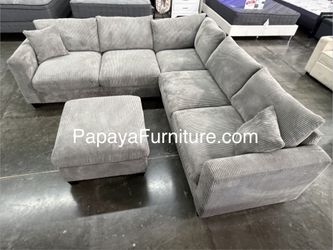 NEW Modern Light Gray Fabric Sectional Couch with Ottoman Set Contemporary Designer Staging Furniture Small Living Room Space Saving Corner Sofa Glam