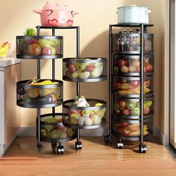 Johofiow 5 Tier Vegetable Basket Large Storage Rack with Wheels, Rotating Metal Kitchen Storage Basket Rolling Cart with Metal Top Lid, Wire Basket Or