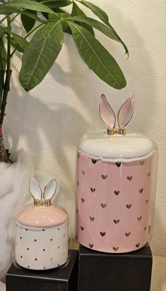 Bunny Love Canister Set
Pink Canister with Gold Hearts & Bunny Ears Lid!