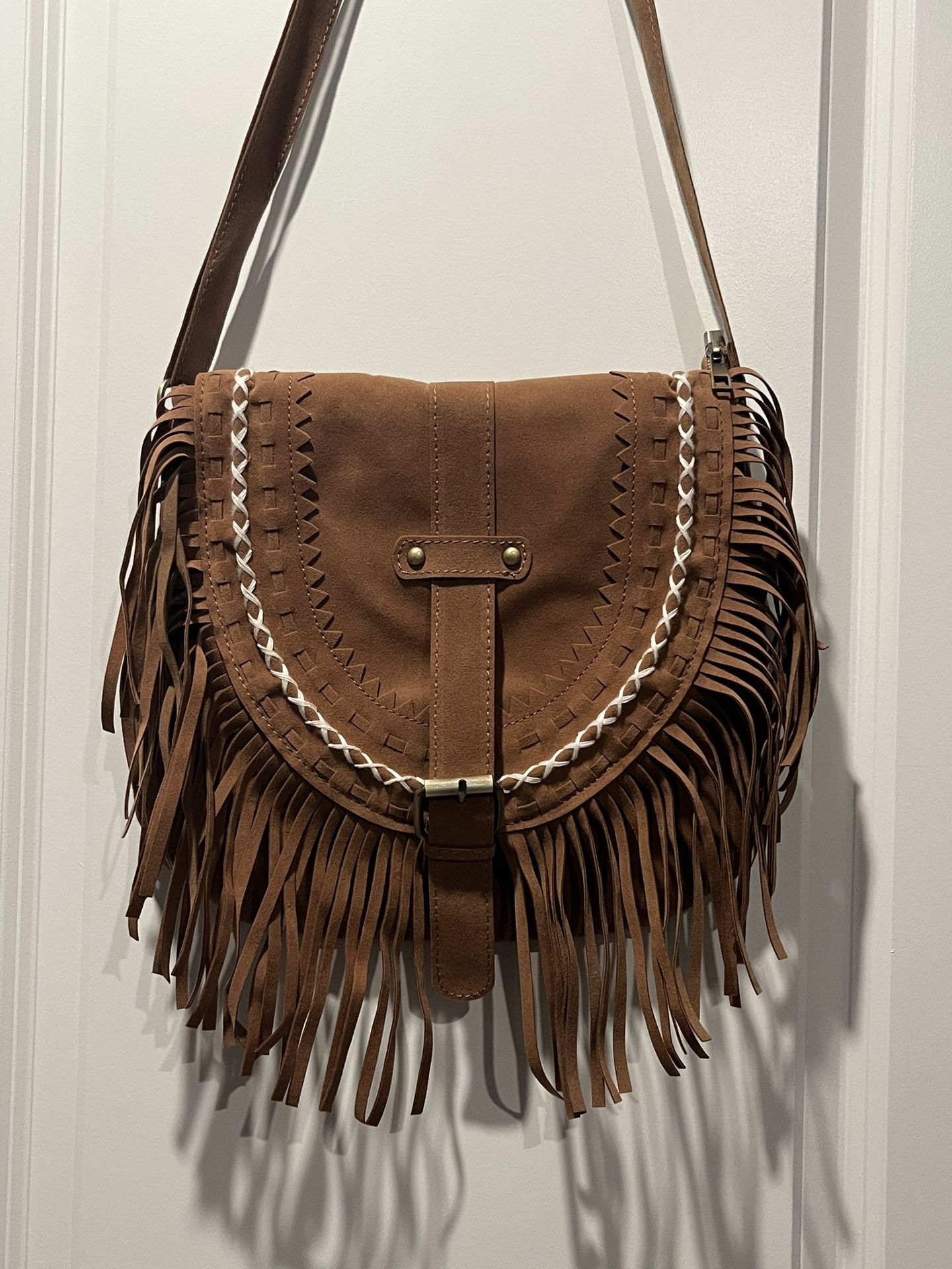 Brown Faux Suede Fringe Crossbody Purse