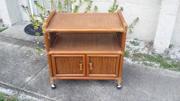 Vintage Rattan Rolling Cart with Storage Below.