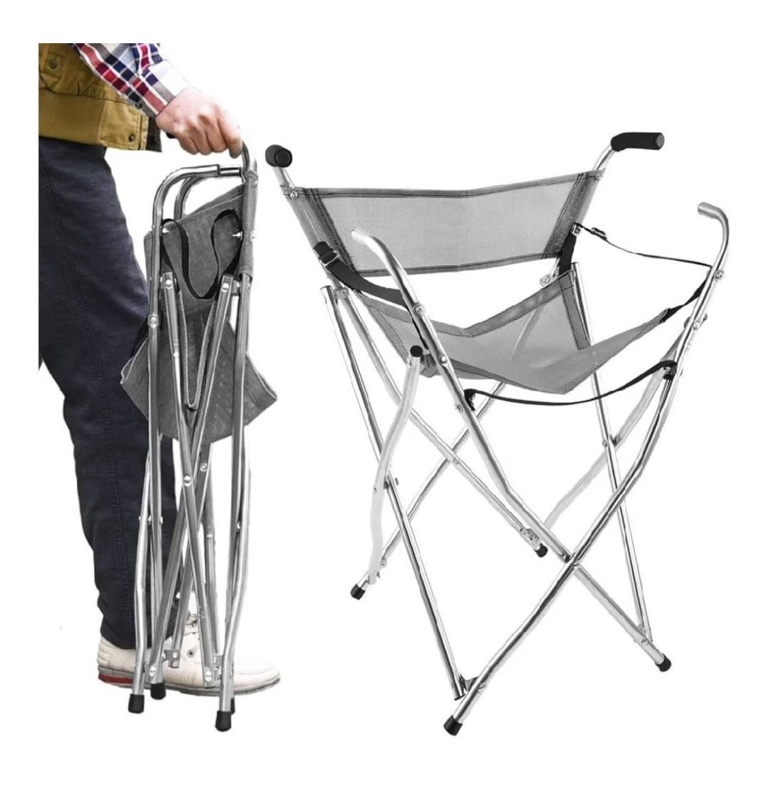 NEW Walking Stick Chair Seat Folding Camping Can Portable Stool Large Grey New, Open Box
