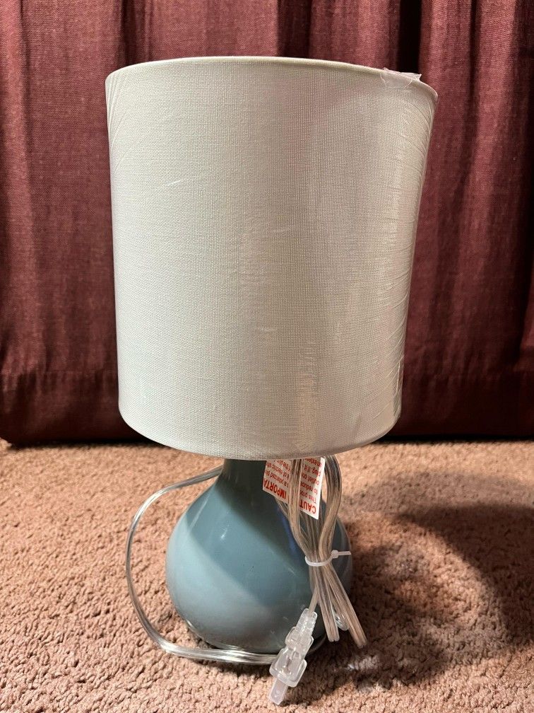 New Modern Table Lamp With White Fabric Shade & Blue Ceramic Base