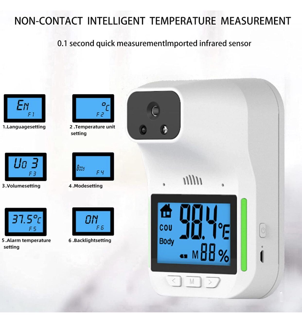 Wall Mounted Thermometer for Adults, Infrared Forehead Thermometer with Language and Alarm Volume Settings, Adjustable Non Contact Thermometer Sui