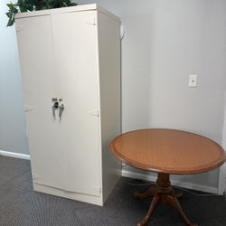 Metal Storage Cabinet With Shelves And Wood Table