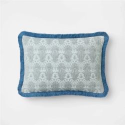 Blue Fringe Trim Decorative Throw Pillow