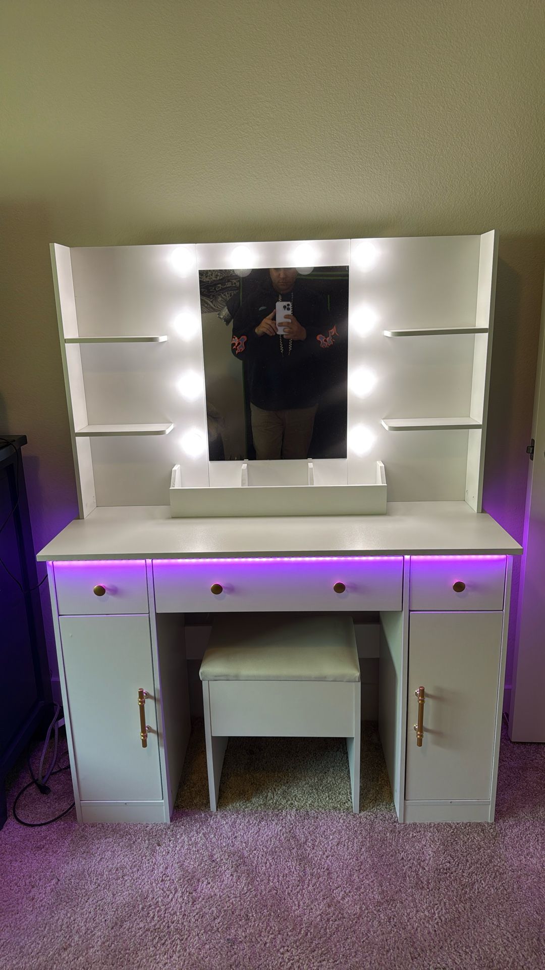 Vanity Desk with Mirror and Lights, Makeup Vanity with Charging Station & Vanity Stool, 3 Drawers and Cabinets White Vanity Mirror with RGB LED Lights
