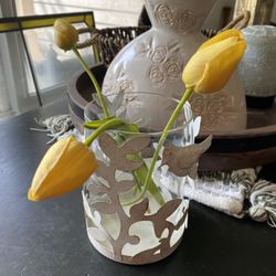 Candle Holder White Metal Birds or Vase For Artificial Flowers 
