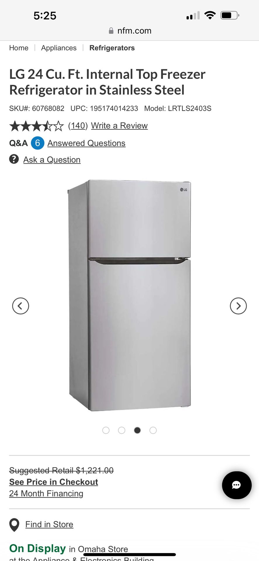 LG 24 Cu. Ft. Top Freezer Refrigerator in Stainless Steel